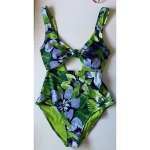 Aerie Wome Flowers Print Plunge V Neck Knot Front Cut Out SWIM SUIT  Sz S NEW